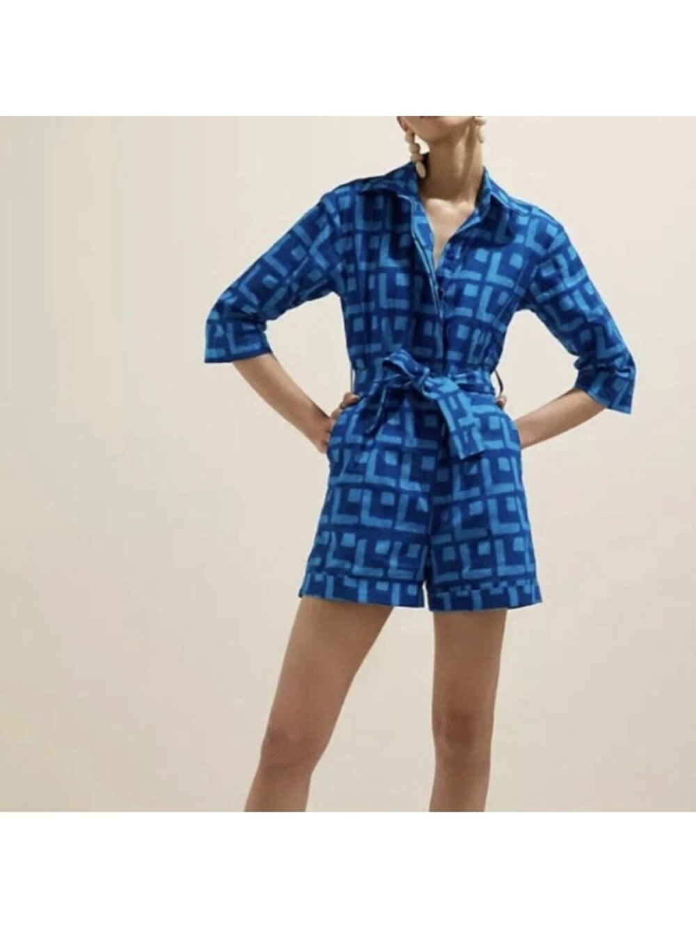 SIKA x Anthropologie Geometric Romper 2 Abstract Print Batik Blue